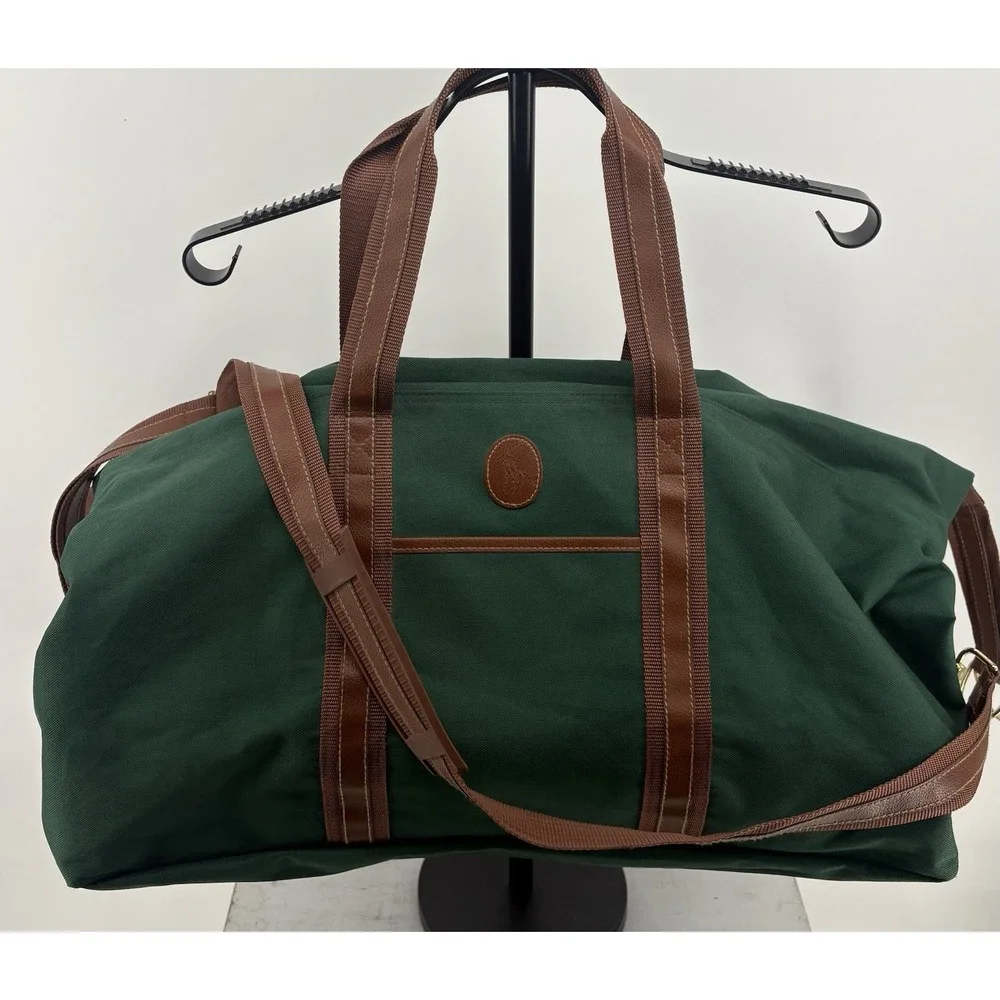 VTG Ralph Lauren Green Duffle Bag Fragrance Weekender Brown Trim Extra Large 30